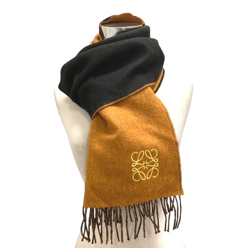 ロエベ LOEWE ウールマフラー カシミヤ混 アナグラム 刺繍 バイカラー  