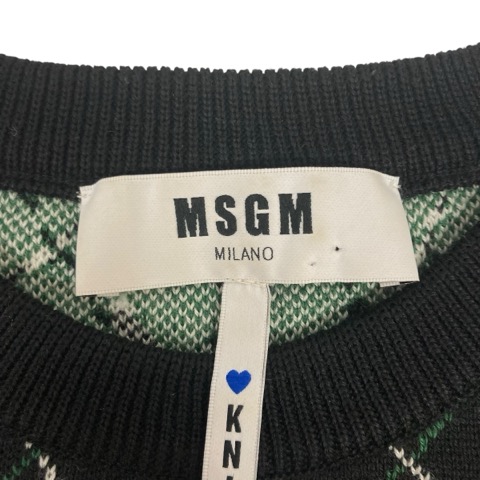 エムエスジーエム MSGM ニット セーター 長袖 クルーネック アーガイル柄 ダメージ加工 ウール混 184749-36 XS 緑 グリーン 黒 ブラック 白 エムエスジーエム MSGM ニット セーター 長袖 クルーネック