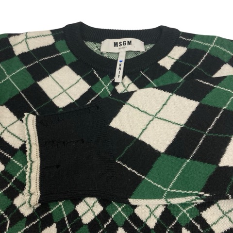 エムエスジーエム MSGM ニット セーター 長袖 クルーネック アーガイル柄 ダメージ加工 ウール混 184749-36 XS 緑 グリーン 黒 ブラック 白 エムエスジーエム MSGM ニット セーター 長袖 クルーネック
