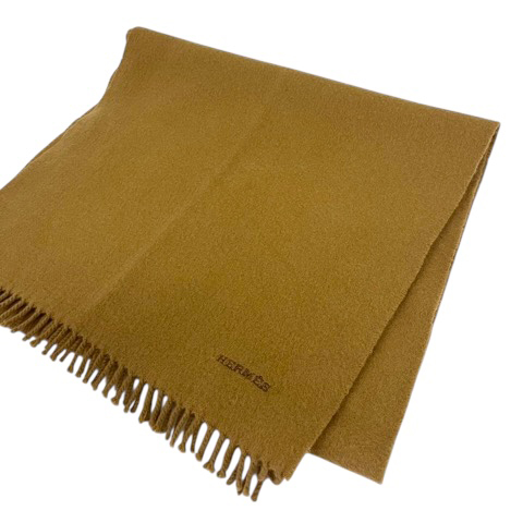 エルメス HERMES マフラー カシミヤ フリンジ ロゴ 刺繍 茶 キャメル  
