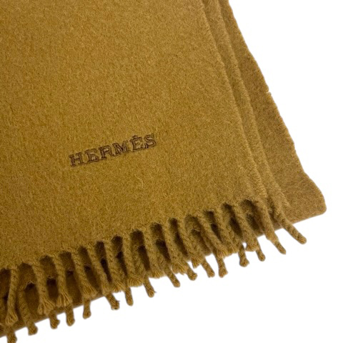 エルメス HERMES マフラー カシミヤ フリンジ ロゴ 刺繍 茶 キャメル  