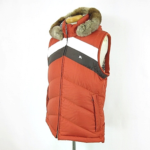 バーバリーブラックレーベル Burberry Black Label ダウン ベスト ラビットファー フード ロゴ 刺繍 ジップアップ オレンジ ホワイト 白 ブラック 黒 L アウター O 1813 メンズ 022 ベクトルパーク