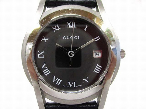 グッチ GUCCI 5500M ラウンドフェイス クォーツ 腕時計 デイト レザー 