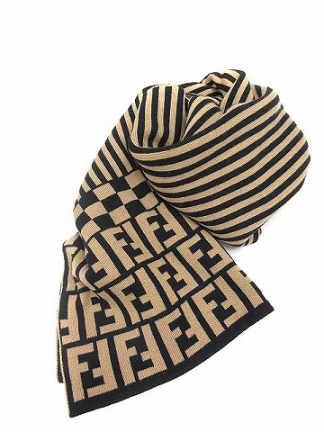 フェンディ FENDI マフラー ペカン柄 ズッカ柄 ストライプ ベージュ  
