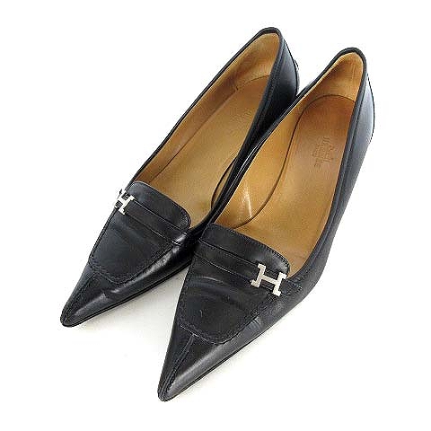 HERMES 黒 レザー ポインテッドトゥヒール 3cm HERMES 黒 レザー ポインテッドトゥヒール 3cm