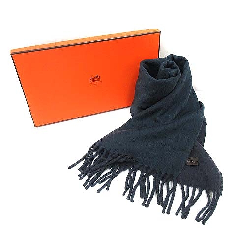 エルメス HERMES エブリン マフラー カシミヤ フリンジ ネイビー 紺  