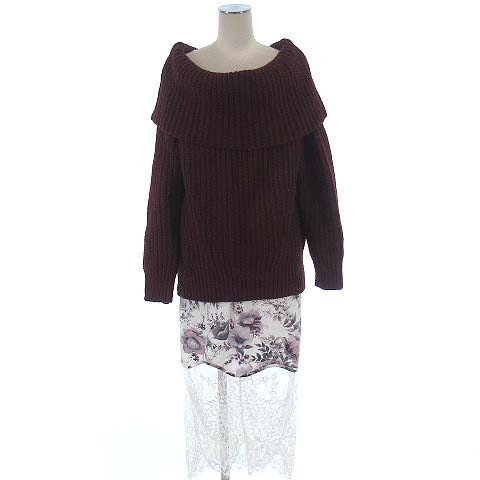 スナイデル snidel 17AW オフショル ニット レース コンビ ワンピース風 セットアップ スカート 上下 ワイン ホワイト 白 F レディース