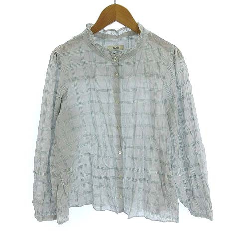 パークス Parkes Pn 塩縮 チェック パール スタンド フリル ブラウス シャツ 長袖 グレー M レディース 022 ベクトルパーク