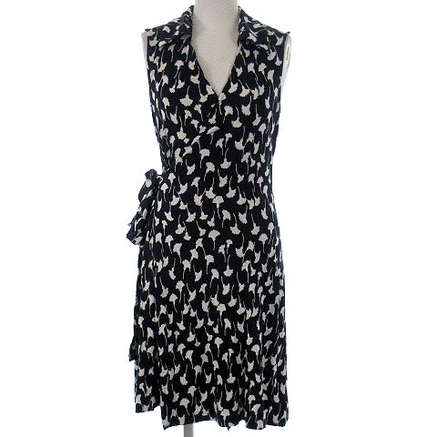 ダイアンフォンファステンバーグ Diane Von Furstenberg Vintage ワンピース カシュクール ノースリーブ シルク 絹100 イチョウ リーフ 総柄 ブラック 黒 ホワイト 白 4 S レディース 022 ベクトルパーク