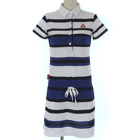 ルコックスポルティフ Le Coq Sportif 美品 ゴルフコレクション ポロシャツ ワンピース パネル ボーダー ロゴ 刺繍 鹿の子 半袖 膝丈 ホワイト 白 青 紺 M レディース 022 ベクトルパーク