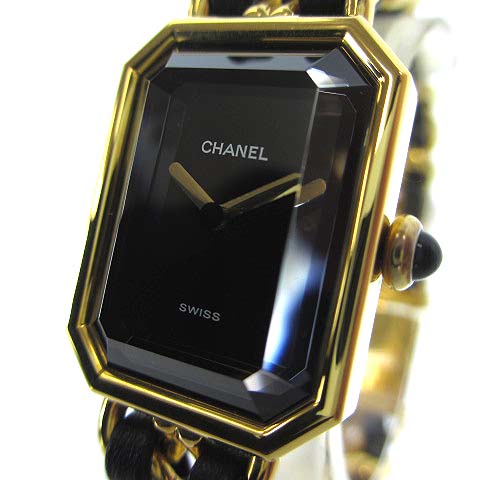 シャネル Chanel Plaque Or G 20 M 1987 ヴィンテージ プルミエール L 腕時計 クォーツ カットガラス Gp レザー コンビ 黒文字盤 黒 金 ブラック ゴールド Aa レディース 022 902108190011 ベクトルパーク