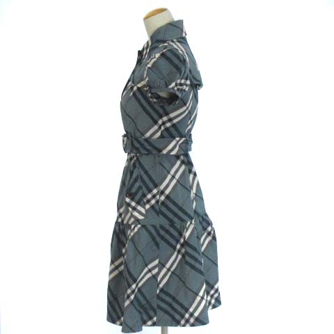 バーバリーブルーレーベル Burberry Blue Label ワンピース トレンチ風 チェック 半袖 ひざ丈 膝丈 ベルト付き ロゴ 刺繍 グリーン系 緑系 36 S位 Ecr8 レディース 022 ベクトルパーク