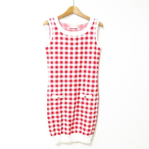 レディ Rady 美品 サマーニット ワンピース ノースリーブ ミニ丈 チェック 赤 白 レッド ホワイト F レディース 022 902108280189 ベクトルパーク