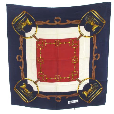 セリーヌ CELINE スカーフ 大判 ホースビット柄 馬車柄 シルク100  