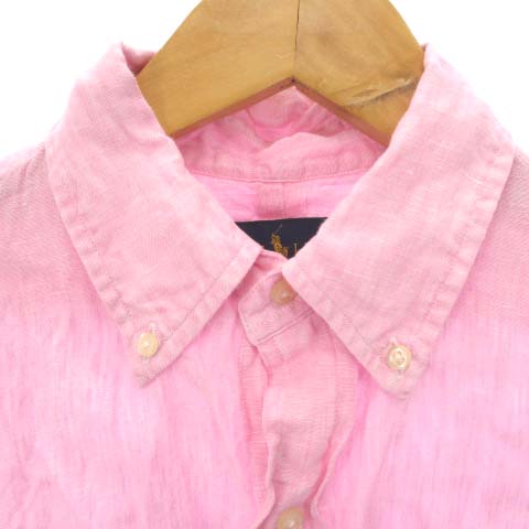 極美品 ローレンラルフローレン リネン100 近年 ピンク 半袖シャツ ロゴ刺繍 ラルフローレン RALPH LAUREN CLASSIC FIT リネンシャツ 半袖