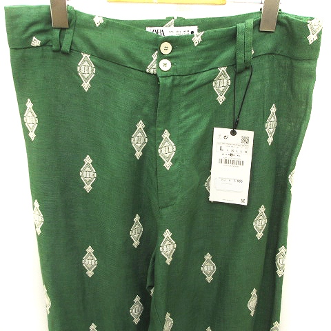 ザラ ZARA タグ付き 刺繍 ワイドパンツ ジッパーフライ グリーン