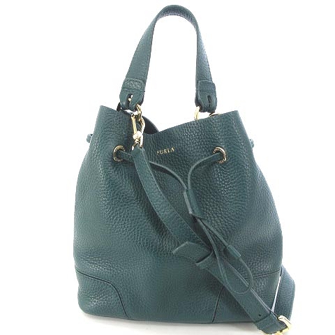 フルラ FURLA ショルダーバッグ 巾着 レザー 本革 グリーン 緑 鞄 □WY  