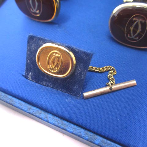 Cartier カルティエ　カフス、タイタック、ボルドー　ゴールド　C2ロゴ 希少】カルティエ カフス タイタック セット 2Cロゴ