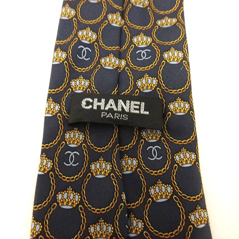 シャネル CHANEL ネクタイ 総柄 ココマーク 王冠 シルク100％ 紺