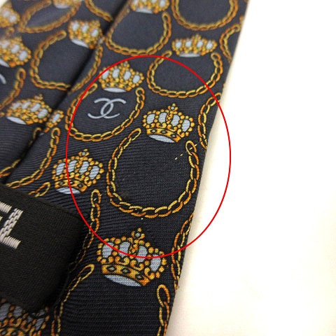 シャネル CHANEL ネクタイ 総柄 ココマーク 王冠 シルク100％ 紺