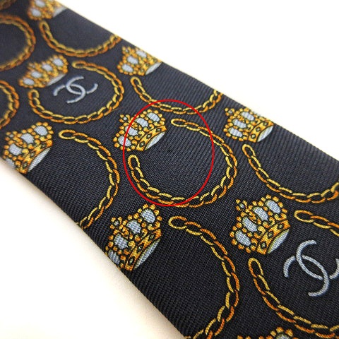 シャネル CHANEL ネクタイ 総柄 ココマーク 王冠 シルク100％ 紺