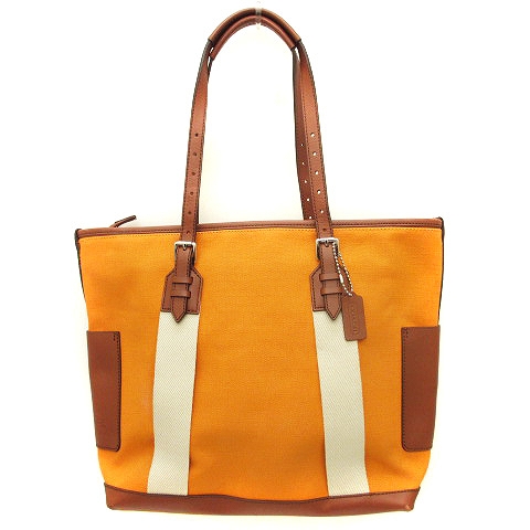 COACH キャンバス レザー トートバッグ オレンジ