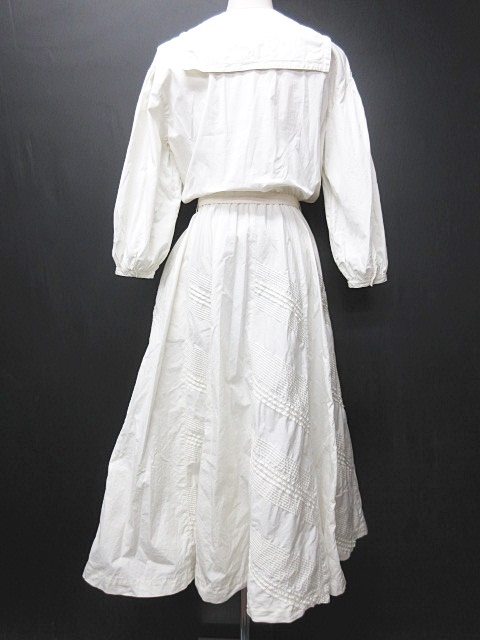 カネコイサオ Kaneko Isao ワンピース 長袖 ロング ピンタック アイレットレース ブラウジング セーラーカラー 生成り 白 0404 023 ベクトルパーク