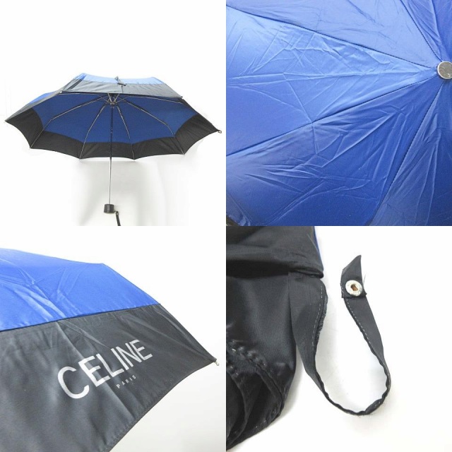 セリーヌ CELINE 折りたたみ傘 日傘 バイカラー ロゴ 青 黒 系 セリーヌ CELINE 折りたたみ傘 日傘 バイカラー ロゴ 青 黒 系
