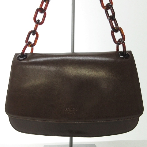 プラダ PRADA レザー ショルダーバッグ べっ甲調 プラスチックチェーン 