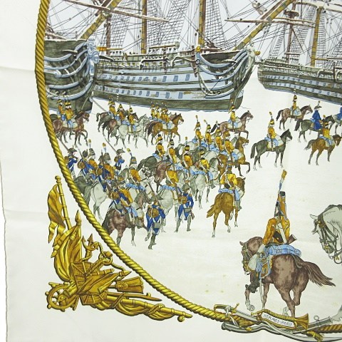 エルメス HERMES カレ90 MARINE 海と騎兵隊 スカーフ シルク 白 0214