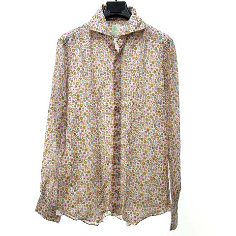 フィナモレ Finamore リネン シャツ 長袖 総柄 プリント ホリゾンタルカラー ピンク系 マルチカラー 16 1 2 42 0328 Ibs51 メンズ 023 ベクトルパーク