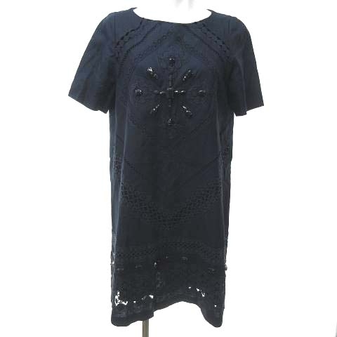 アドーア Adore ワンピース リネン ビジュー ラインストーン レース 半袖 紺 ネイビー 38 Nvw 0516 レディース 023 ベクトルパーク