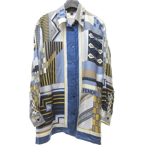 フェンディ Fendi 365 ヴィンテージ シルク 総柄 幾何学 シャツ 長袖 青 ブルー マルチカラー イタリア製 44 Lサイズ位 Nvw 0621 メンズ 023 ベクトルパーク