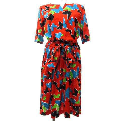 未使用品 イヴサンローラン Yves Saint Laurent 90s ヴィンテージ 蝶 バタフライ プリント ワンピース キーネック 半袖 赤 レッド M 0912 Ibs74 レディース 023 ベクトルパーク