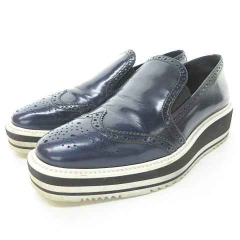 プラダ PRADA ローファー 厚底 ウイングチップ エナメル ネイビー 紺 