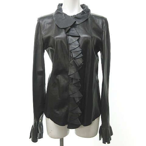 グッチ Gucci レザー ブラウス シャツ ジャケット 長袖 フリル 黒 42 19 レディース 023 ベクトルパーク