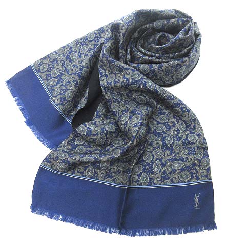 イヴサンローラン Yves Saint Laurent 美品 Ysl シルク スカーフ ペイズリー 総柄 裏地付き ウール カシミヤ 紺 ネイビー イタリア製 0316 Stk メンズ レディース 023 ベクトルパーク