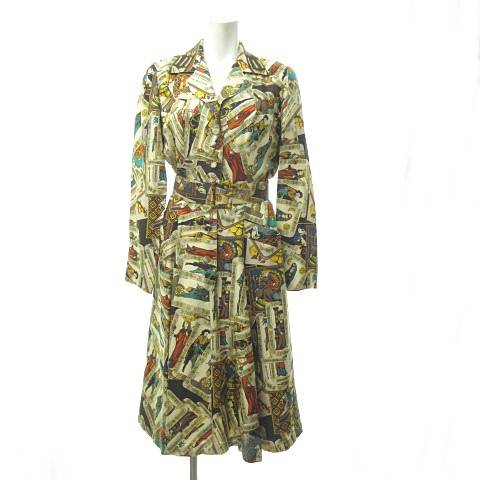 エルメス Hermes 美品 ヴィンテージ オールド シルク100 プルオーバー ワンピース 開閉 オープンカラー 総柄 タロットカード柄 フランス製 派手 アイボリー 38 0317 レディース 023 ベクトルパーク