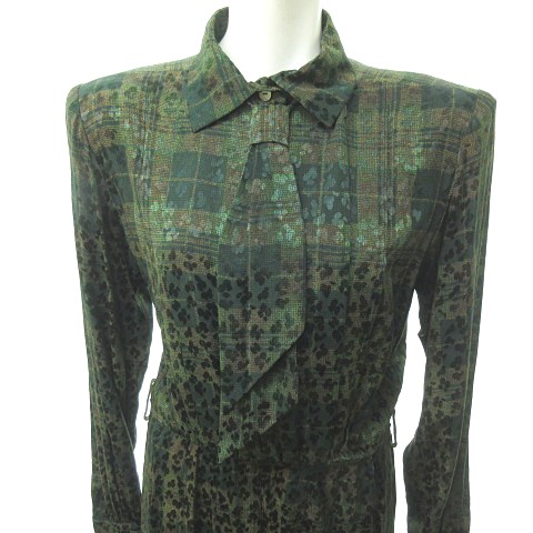 イヴサンローラン Yves Saint Laurent 美品 ヴィンテージ オールド プルオーバー プリーツ ワンピース 総柄 チェック 大きいサイズ グリーン 緑 サイズ表記なし 約l Xl 0317 レディース 023 ベクトルパーク