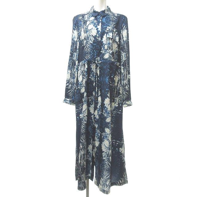 アドルフォドミンゲス Adolfo Dominguez ボタニカル シャツワンピース スリット 長袖 青 紺 ブルー ネイビー 40 約m 0504 レディース 023 ベクトルパーク