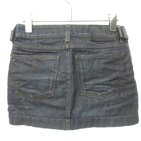 グッチ GUCCI 美品 デニム ミニスカート タイト ホースビット レザー  