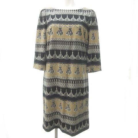 マックスマーラ ウィークエンドライン Max Mara Weekend Line ワンピース ドレス 膝丈 七分袖 総柄 タッセル柄 ボーダー 40 L位 黒 ブラック ベージュ Ecr12 1225 レディース 023 ベクトルパーク