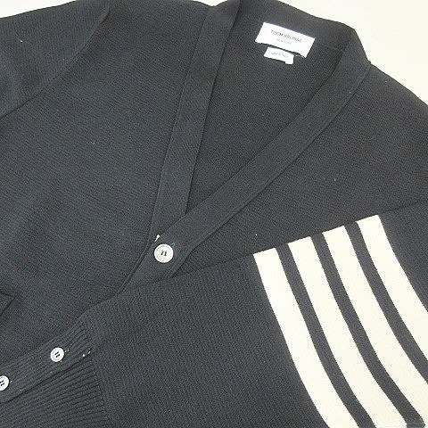 トムブラウン THOM BROWNE 美品 4BAR メリノウール Vネック ニット カーディガン 長袖 薄手 ネイビー 2 0613 メンズ 【驚きの値段】 トムブラウン ウールニット ネイビー ニット/セーター