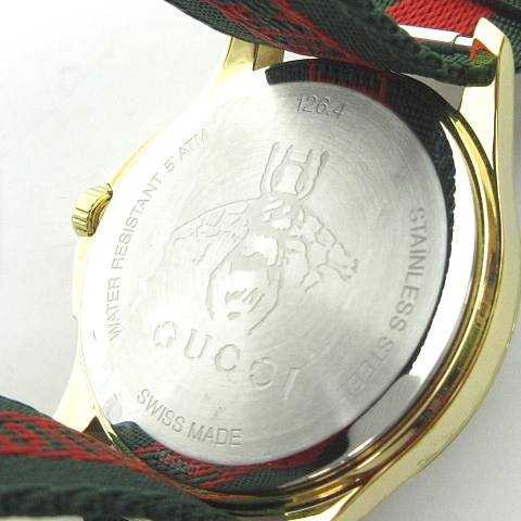 グッチ GUCCI G-タイムレス 腕時計 38mm 箱付き 126.4 ウェブライン ビー ストライプ ナイロンベルト ル・マルシェ・デ・メルヴェイユ l'aveugle par amour 緑 グリーン 赤 レッド 0726 メンズ レディース