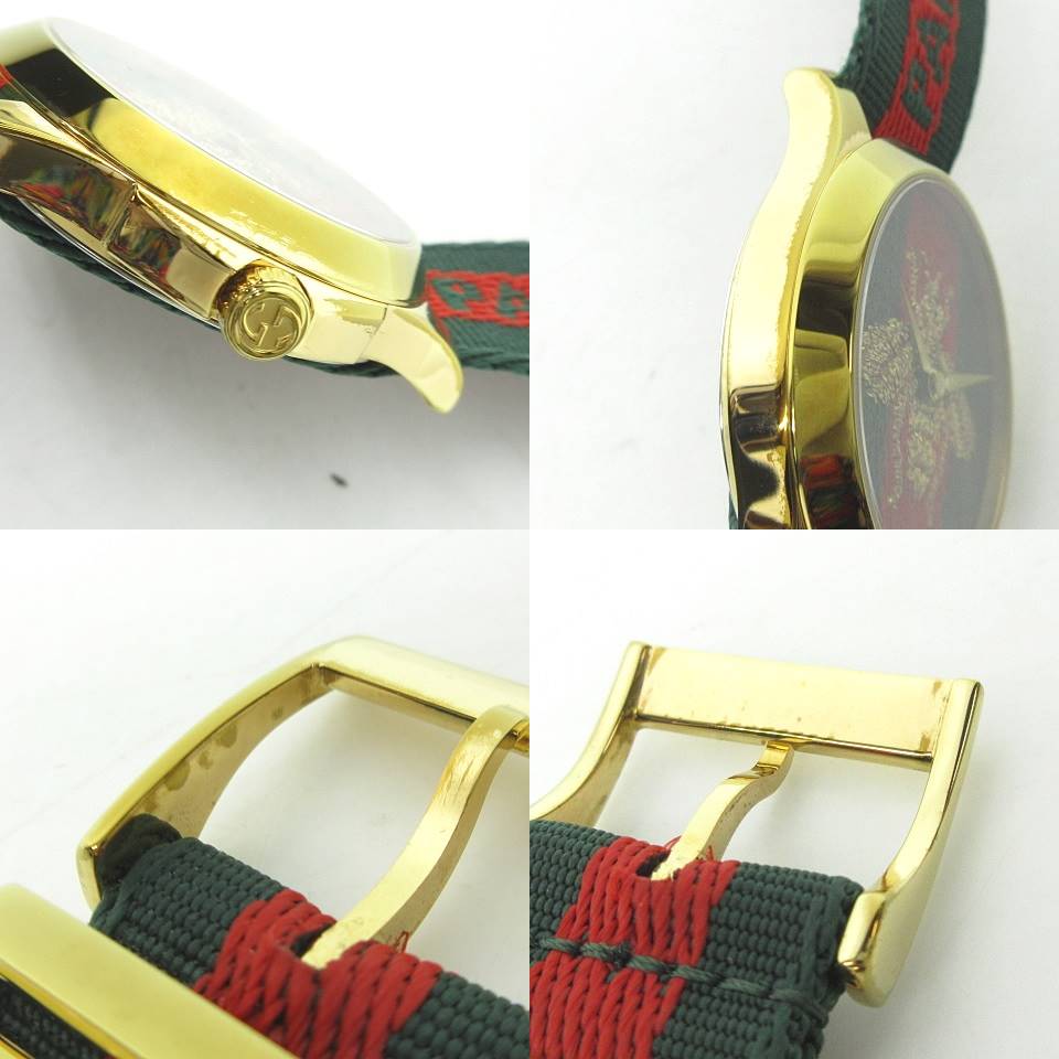 グッチ GUCCI G-タイムレス 腕時計 38mm 箱付き 126.4 ウェブライン ビー ストライプ ナイロンベルト ル・マルシェ・デ・メルヴェイユ l'aveugle par amour 緑 グリーン 赤 レッド 0726 メンズ レディース