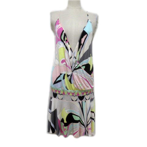 エミリオプッチ EMILIO PUCCI プッチ柄 ワンピース キャミ ひざ丈 カシュクール シルク マルチカラー 日本サイズM相当 I40 F38 GB-USA6 ZER2 X 1024 レディース