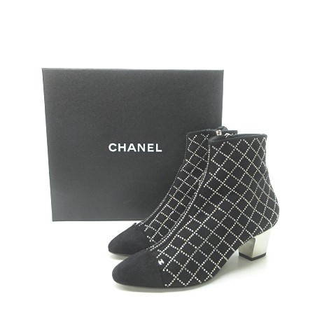 シャネル CHANEL スウェード ラインストーン チェック サイド シャネル CHANEL スウェード ラインストーン チェック サイド