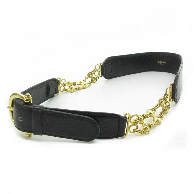 セリーヌ CELINE ベルト レザー×チェーン ロゴ 黒 ブラック 金  