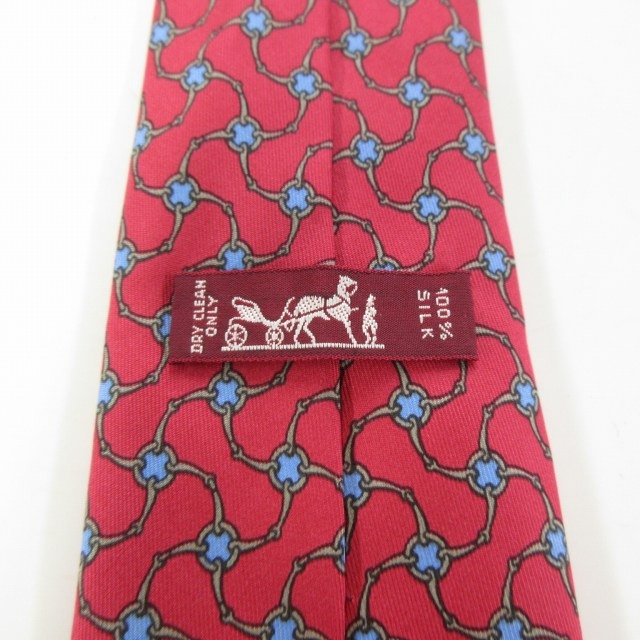 エルメス HERMES 美品 ネクタイ シルク 総柄 ビジネス 赤 水色 レッド
