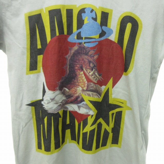 ヴィヴィアンウエストウッド Vivienne Westwood ANGLOMANIA オーブ プリント Tシャツ カットソー 半袖 怪獣 恐竜 ロゴ  総柄 スリット イタリア製 水色 XS 0720 レディース